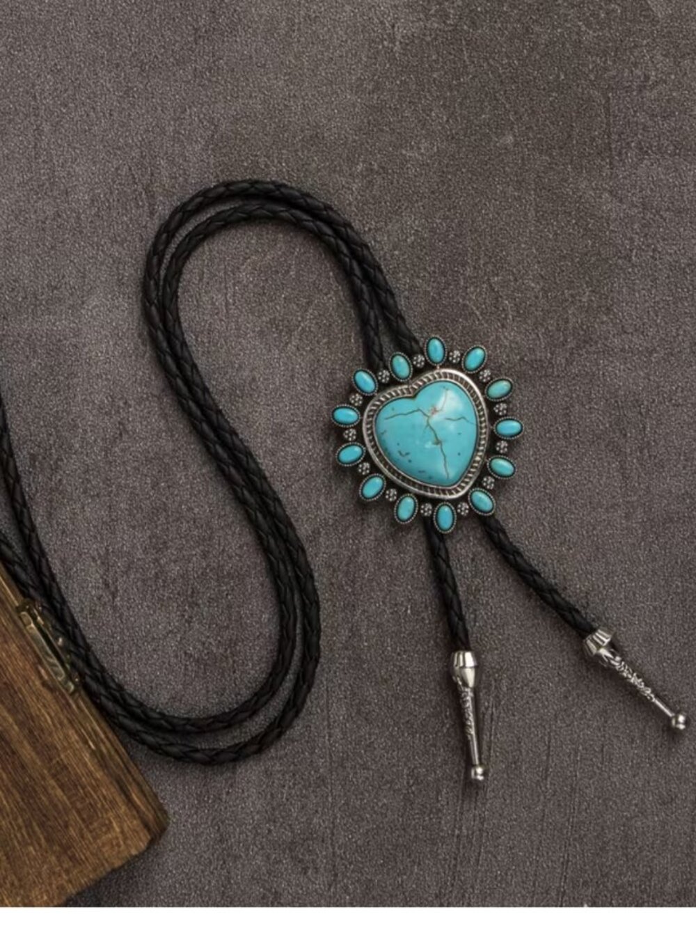 Antique Silver Heart Faux Turquoise Bolo Tie Southwestern Statement Black Rope - Picture 2 of 4